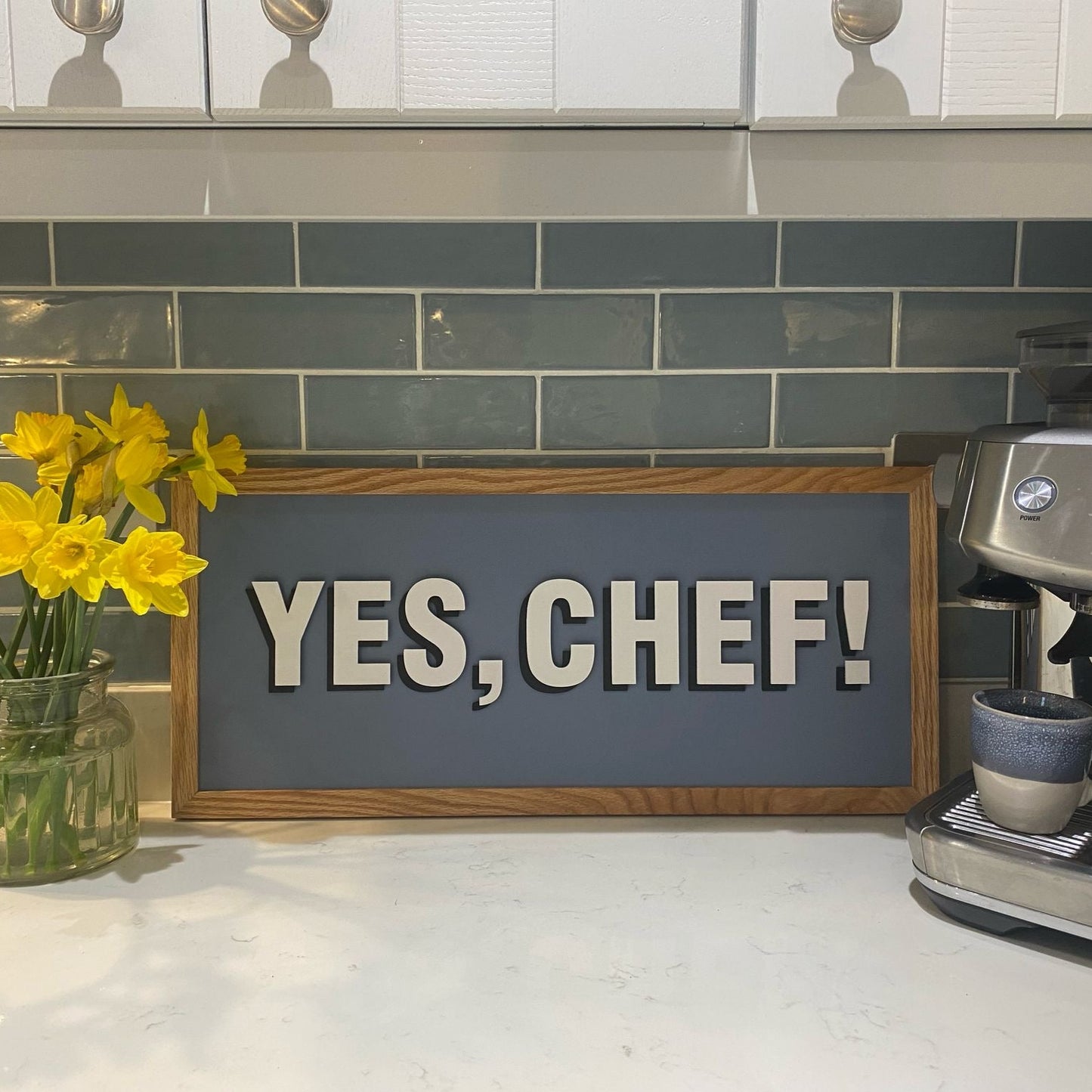 'Yes, Chef!' - Blue Medium Typographic Sign (Oak Frame)